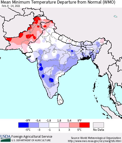 Southern Asia Mean Minimum Temperature Departure from Normal (WMO) Thematic Map For 2/8/2021 - 2/14/2021