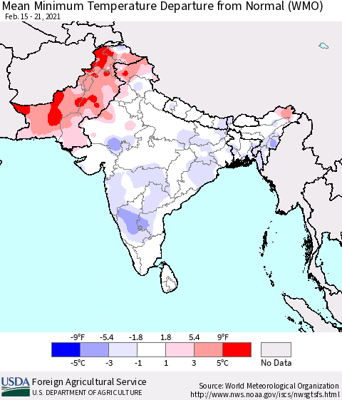 Southern Asia Mean Minimum Temperature Departure from Normal (WMO) Thematic Map For 2/15/2021 - 2/21/2021