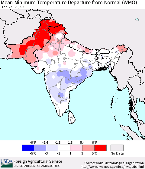 Southern Asia Minimum Temperature Departure From Normal (WMO) Thematic Map For 2/22/2021 - 2/28/2021