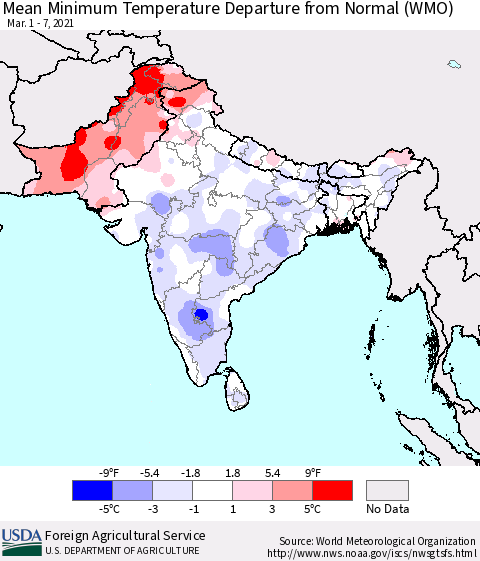 Southern Asia Mean Minimum Temperature Departure from Normal (WMO) Thematic Map For 3/1/2021 - 3/7/2021