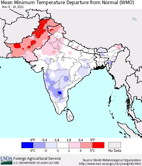 Southern Asia Mean Minimum Temperature Departure from Normal (WMO) Thematic Map For 3/8/2021 - 3/14/2021