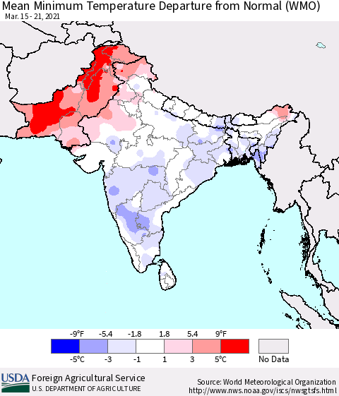 Southern Asia Mean Minimum Temperature Departure from Normal (WMO) Thematic Map For 3/15/2021 - 3/21/2021