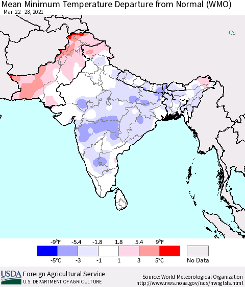 Southern Asia Mean Minimum Temperature Departure from Normal (WMO) Thematic Map For 3/22/2021 - 3/28/2021