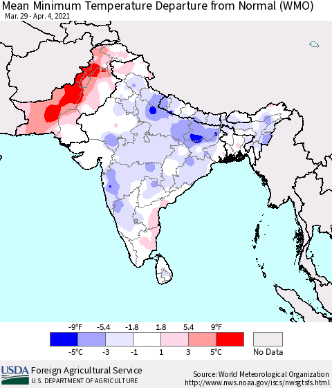 Southern Asia Minimum Temperature Departure From Normal (WMO) Thematic Map For 3/29/2021 - 4/4/2021