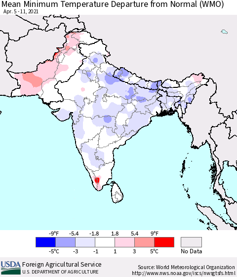 Southern Asia Minimum Temperature Departure From Normal (WMO) Thematic Map For 4/5/2021 - 4/11/2021