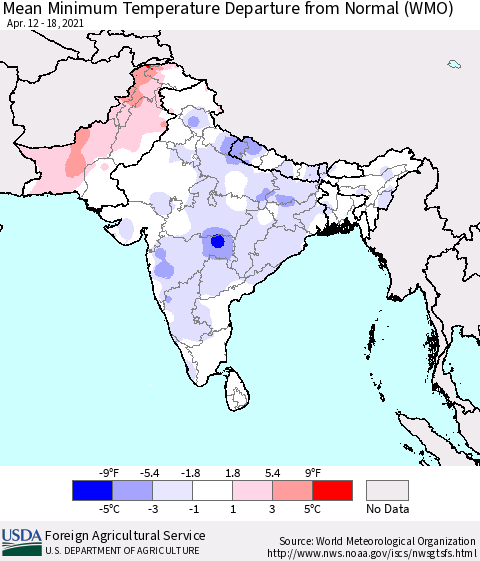 Southern Asia Minimum Temperature Departure From Normal (WMO) Thematic Map For 4/12/2021 - 4/18/2021