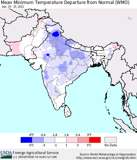 Southern Asia Minimum Temperature Departure From Normal (WMO) Thematic Map For 4/19/2021 - 4/25/2021