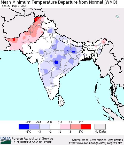 Southern Asia Mean Minimum Temperature Departure from Normal (WMO) Thematic Map For 4/26/2021 - 5/2/2021