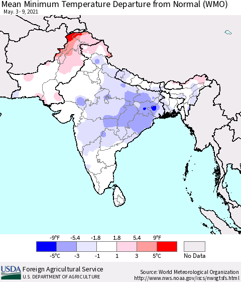 Southern Asia Minimum Temperature Departure From Normal (WMO) Thematic Map For 5/3/2021 - 5/9/2021