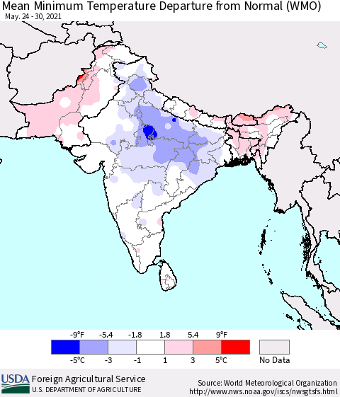 Southern Asia Mean Minimum Temperature Departure from Normal (WMO) Thematic Map For 5/24/2021 - 5/30/2021