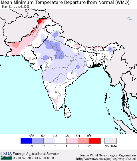 Southern Asia Mean Minimum Temperature Departure from Normal (WMO) Thematic Map For 5/31/2021 - 6/6/2021