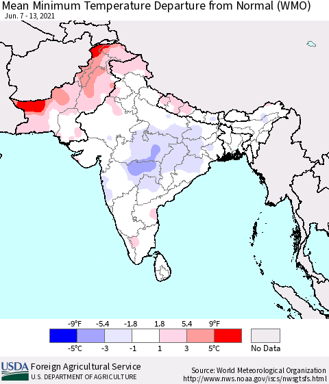 Southern Asia Minimum Temperature Departure From Normal (WMO) Thematic Map For 6/7/2021 - 6/13/2021
