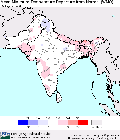 Southern Asia Minimum Temperature Departure From Normal (WMO) Thematic Map For 6/21/2021 - 6/27/2021