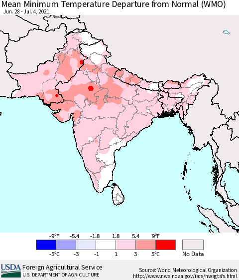 Southern Asia Mean Minimum Temperature Departure from Normal (WMO) Thematic Map For 6/28/2021 - 7/4/2021