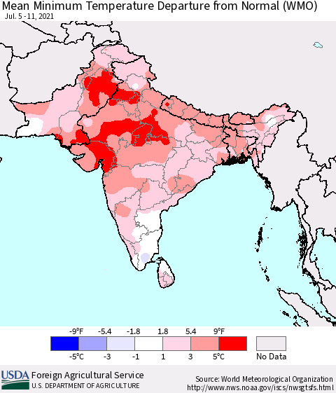 Southern Asia Minimum Temperature Departure From Normal (WMO) Thematic Map For 7/5/2021 - 7/11/2021