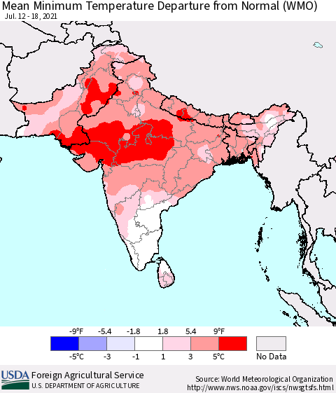 Southern Asia Mean Minimum Temperature Departure from Normal (WMO) Thematic Map For 7/12/2021 - 7/18/2021