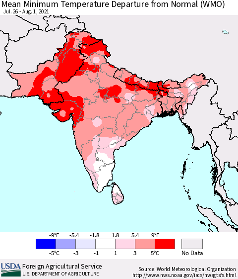 Southern Asia Minimum Temperature Departure From Normal (WMO) Thematic Map For 7/26/2021 - 8/1/2021