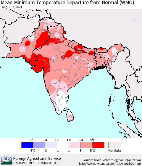 Southern Asia Mean Minimum Temperature Departure from Normal (WMO) Thematic Map For 8/2/2021 - 8/8/2021