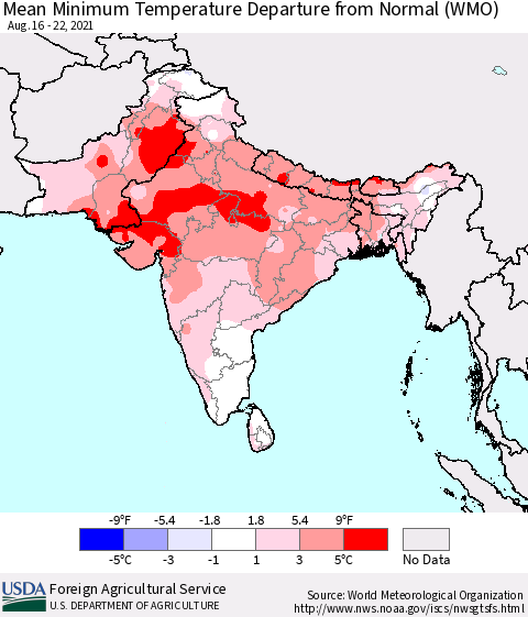 Southern Asia Mean Minimum Temperature Departure from Normal (WMO) Thematic Map For 8/16/2021 - 8/22/2021