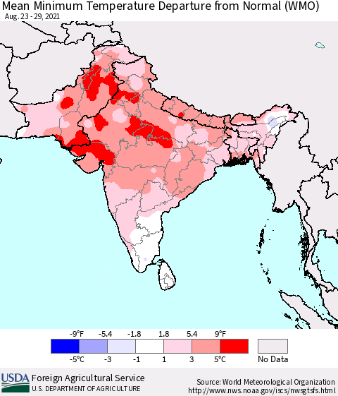 Southern Asia Mean Minimum Temperature Departure from Normal (WMO) Thematic Map For 8/23/2021 - 8/29/2021