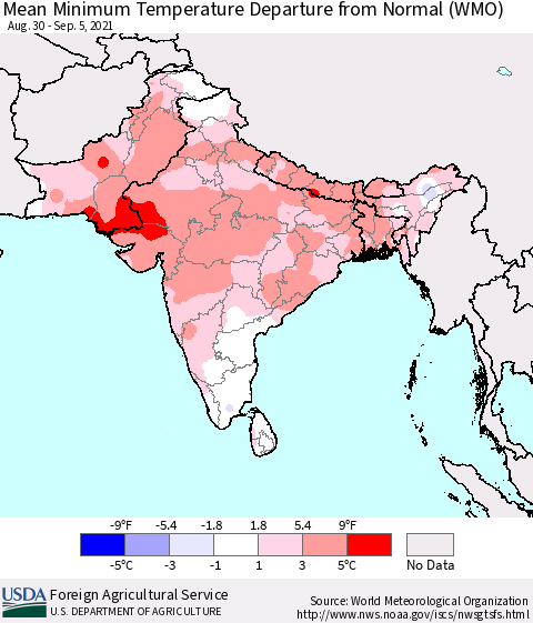 Southern Asia Mean Minimum Temperature Departure from Normal (WMO) Thematic Map For 8/30/2021 - 9/5/2021