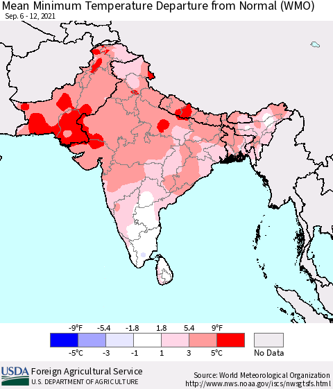 Southern Asia Mean Minimum Temperature Departure from Normal (WMO) Thematic Map For 9/6/2021 - 9/12/2021