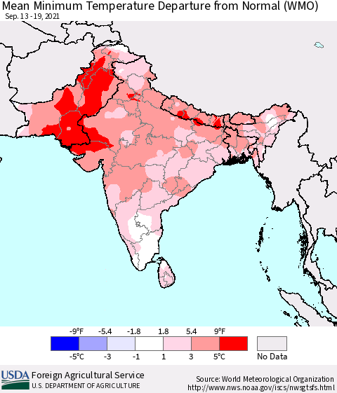 Southern Asia Mean Minimum Temperature Departure from Normal (WMO) Thematic Map For 9/13/2021 - 9/19/2021