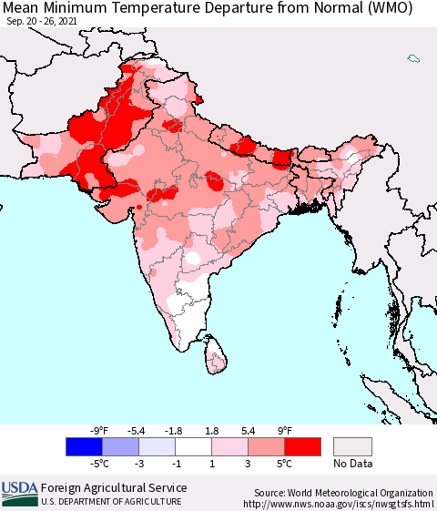 Southern Asia Mean Minimum Temperature Departure from Normal (WMO) Thematic Map For 9/20/2021 - 9/26/2021
