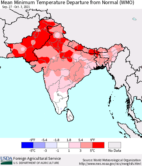 Southern Asia Mean Minimum Temperature Departure from Normal (WMO) Thematic Map For 9/27/2021 - 10/3/2021