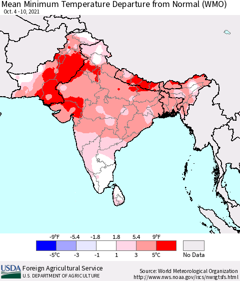 Southern Asia Mean Minimum Temperature Departure from Normal (WMO) Thematic Map For 10/4/2021 - 10/10/2021