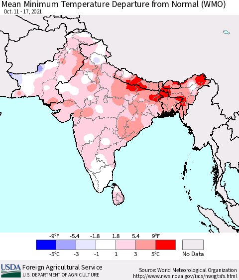 Southern Asia Mean Minimum Temperature Departure from Normal (WMO) Thematic Map For 10/11/2021 - 10/17/2021