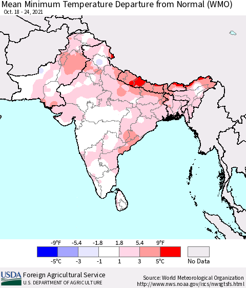Southern Asia Mean Minimum Temperature Departure from Normal (WMO) Thematic Map For 10/18/2021 - 10/24/2021