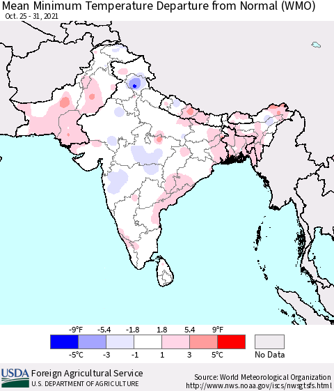 Southern Asia Minimum Temperature Departure From Normal (WMO) Thematic Map For 10/25/2021 - 10/31/2021