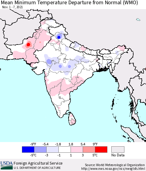 Southern Asia Mean Minimum Temperature Departure from Normal (WMO) Thematic Map For 11/1/2021 - 11/7/2021