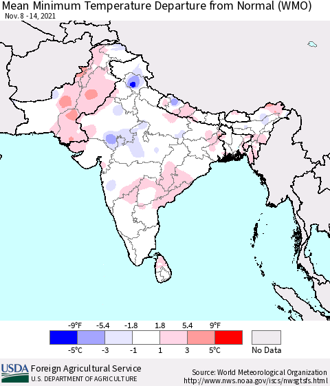 Southern Asia Mean Minimum Temperature Departure from Normal (WMO) Thematic Map For 11/8/2021 - 11/14/2021