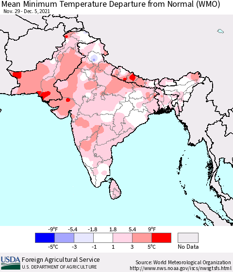 Southern Asia Minimum Temperature Departure From Normal (WMO) Thematic Map For 11/29/2021 - 12/5/2021