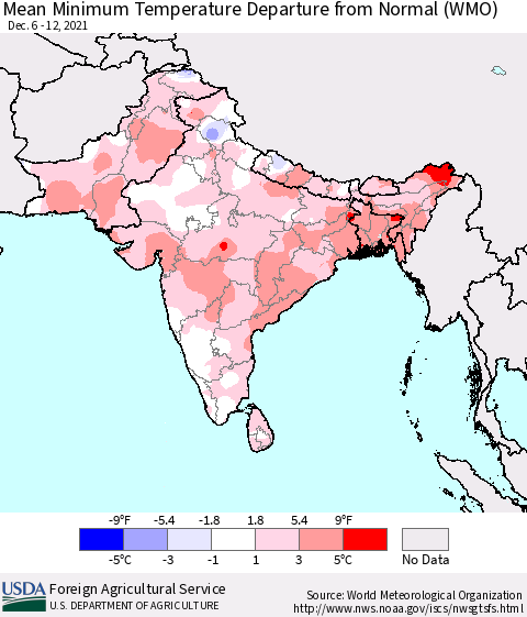 Southern Asia Minimum Temperature Departure From Normal (WMO) Thematic Map For 12/6/2021 - 12/12/2021