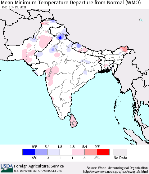 Southern Asia Minimum Temperature Departure From Normal (WMO) Thematic Map For 12/13/2021 - 12/19/2021