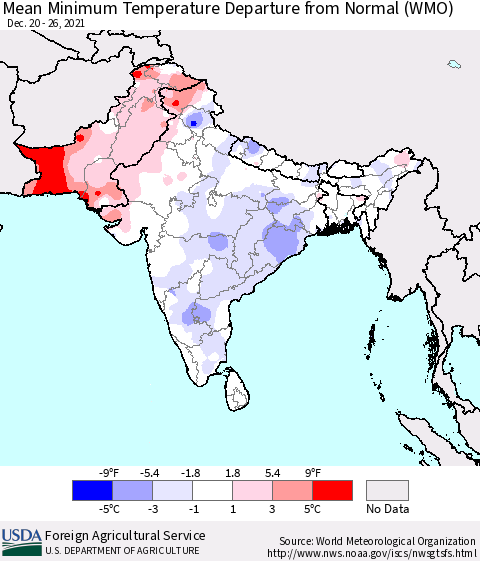 Southern Asia Mean Minimum Temperature Departure from Normal (WMO) Thematic Map For 12/20/2021 - 12/26/2021