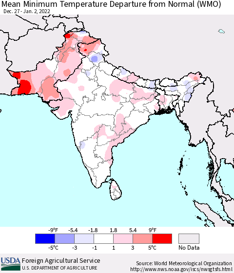 Southern Asia Mean Minimum Temperature Departure from Normal (WMO) Thematic Map For 12/27/2021 - 1/2/2022