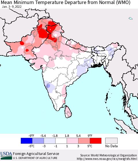 Southern Asia Mean Minimum Temperature Departure from Normal (WMO) Thematic Map For 1/3/2022 - 1/9/2022