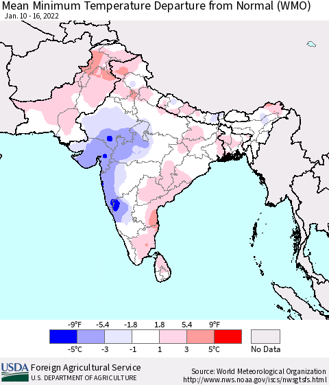 Southern Asia Mean Minimum Temperature Departure from Normal (WMO) Thematic Map For 1/10/2022 - 1/16/2022