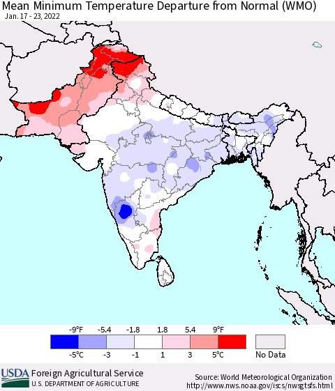 Southern Asia Mean Minimum Temperature Departure from Normal (WMO) Thematic Map For 1/17/2022 - 1/23/2022