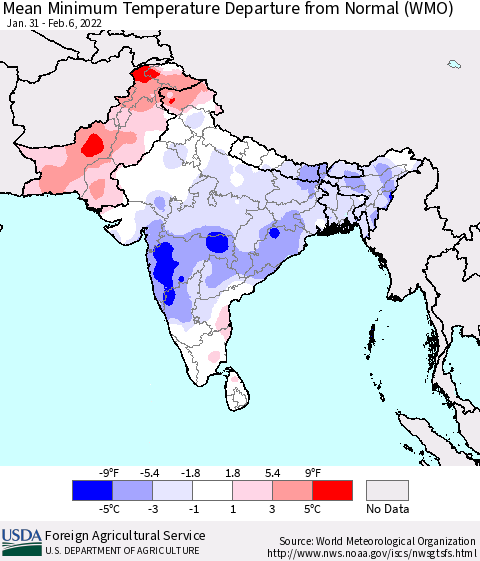 Southern Asia Mean Minimum Temperature Departure from Normal (WMO) Thematic Map For 1/31/2022 - 2/6/2022