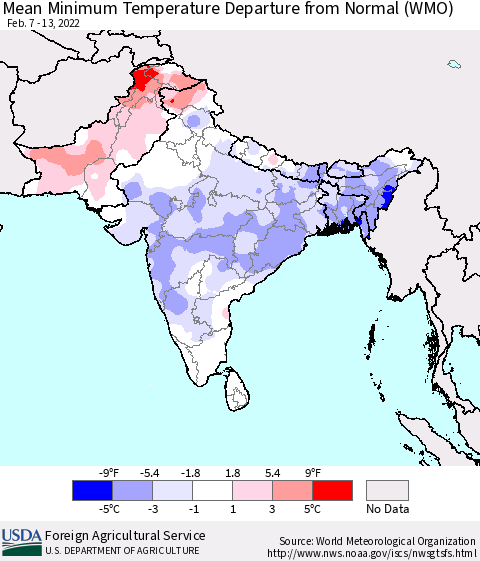 Southern Asia Mean Minimum Temperature Departure from Normal (WMO) Thematic Map For 2/7/2022 - 2/13/2022