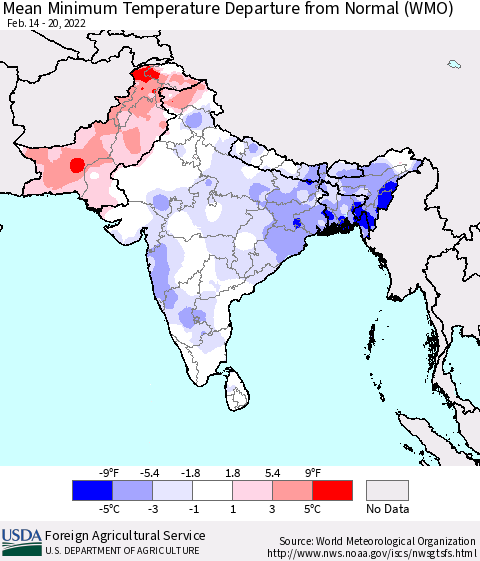 Southern Asia Mean Minimum Temperature Departure from Normal (WMO) Thematic Map For 2/14/2022 - 2/20/2022