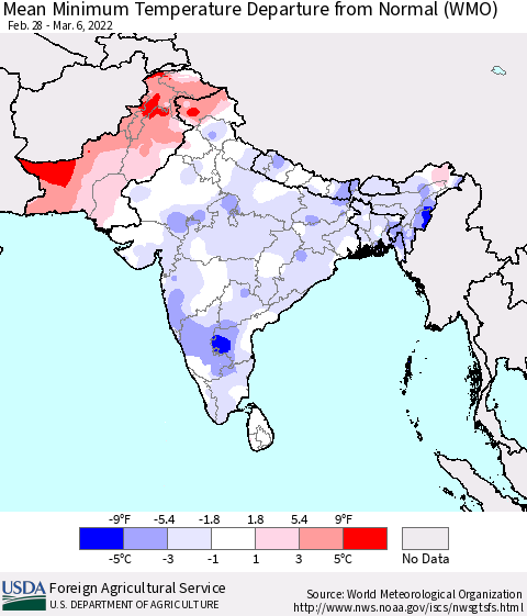 Southern Asia Mean Minimum Temperature Departure from Normal (WMO) Thematic Map For 2/28/2022 - 3/6/2022