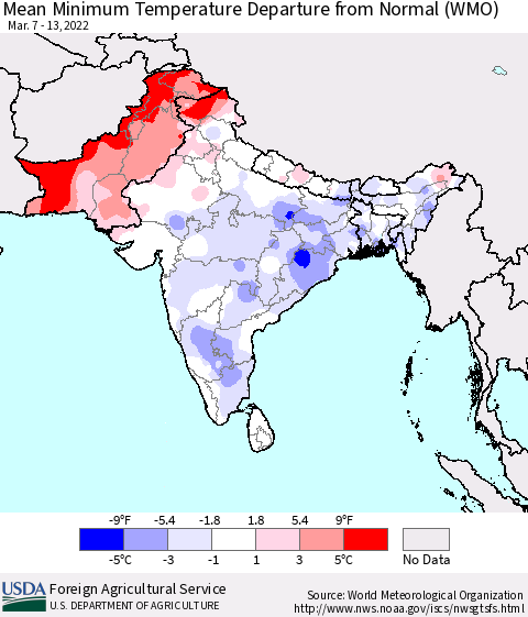 Southern Asia Mean Minimum Temperature Departure from Normal (WMO) Thematic Map For 3/7/2022 - 3/13/2022