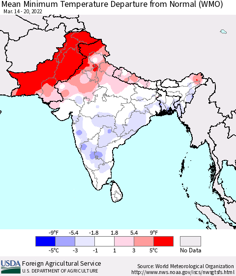 Southern Asia Mean Minimum Temperature Departure from Normal (WMO) Thematic Map For 3/14/2022 - 3/20/2022