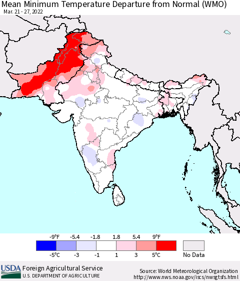 Southern Asia Mean Minimum Temperature Departure from Normal (WMO) Thematic Map For 3/21/2022 - 3/27/2022